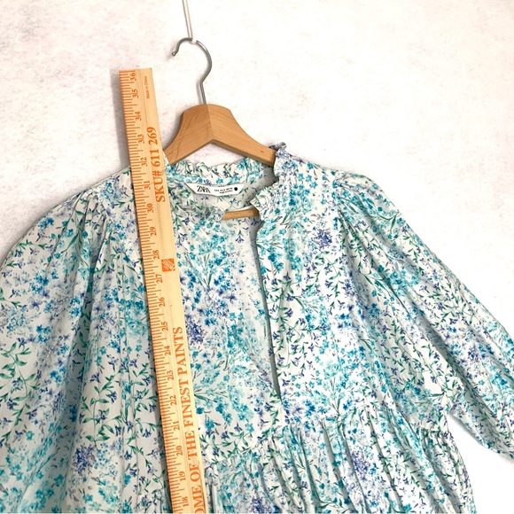 ZARA Blue Floral Print Cotton Poplin Dress Size Small - Picture 3 of 7